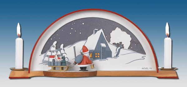 Klaus Kolbe - Schwibbogen Waldhaus mit Weihachtsmann und el. Hintergr.