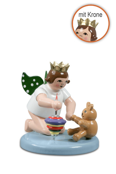 Ellmann - Engel kniend mit Kreisel und Teddy mit Krone