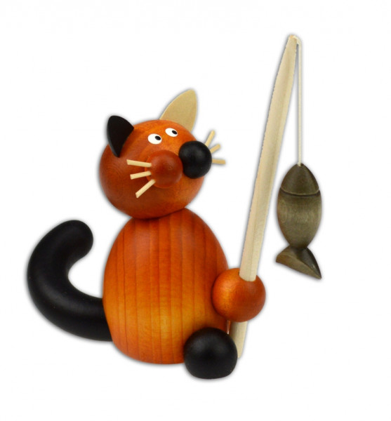 Drechslerei Martin - Glückskatze Lilli mit Fisch an der Angel 10 cm