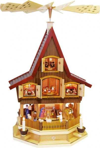 Richard Glässer - Pyramide Adventshaus bunt mit Heiliger Familie, elektrisch beleuchet und betrieben