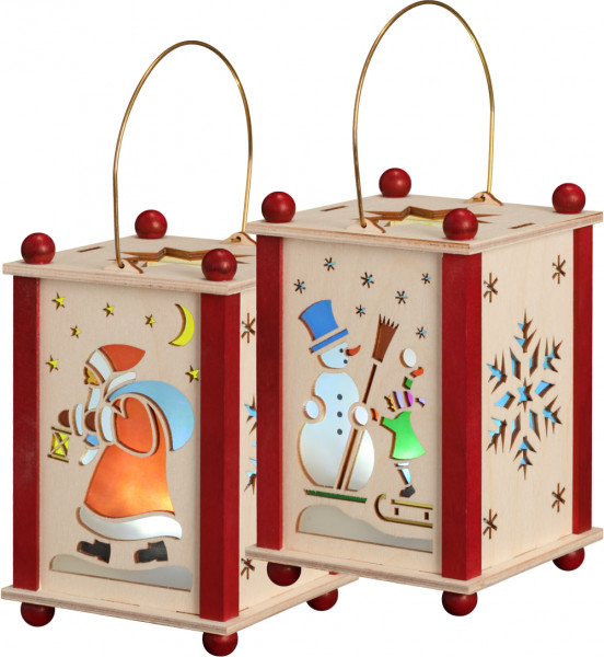 Seiffener Volkskunst eG - Erzgebirgische Laterne Weihnachtsmann und Schneemann mit LED Licht 14 cm